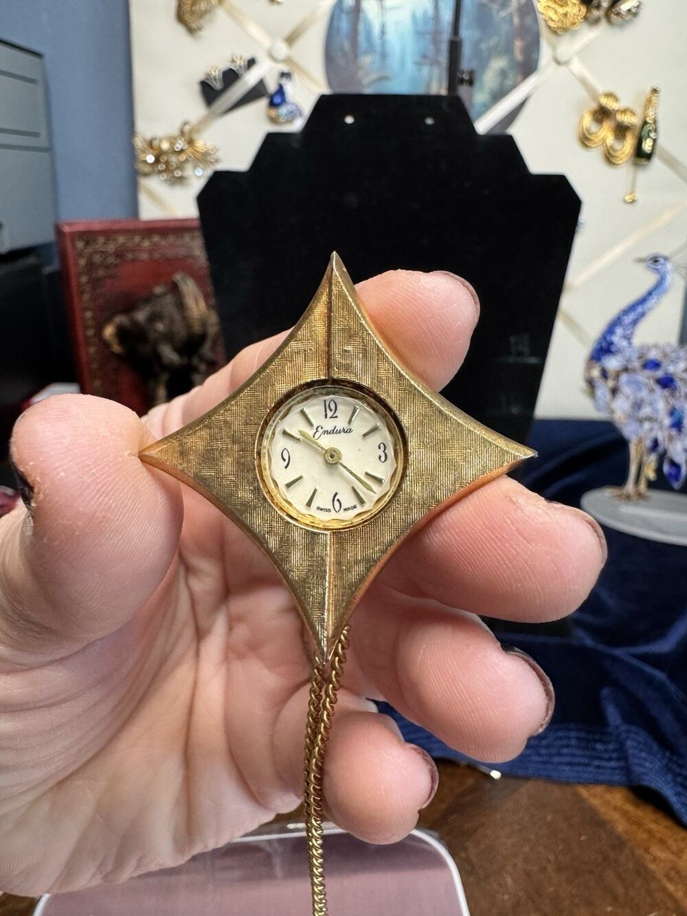 Vintage Endura Swiss Atomic Starburst Pendant Watch Necklace 24” Untested
